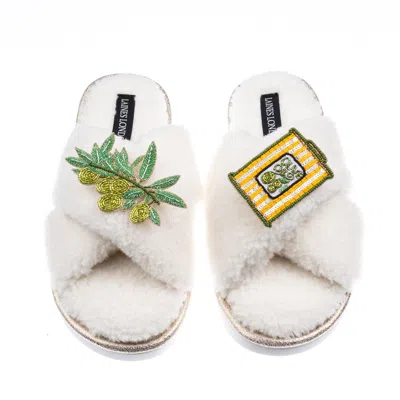 Laines London Women's Neutrals / White Laines Neutral Boucle Slippers With Olives & Olive Oil Brooches - Cream