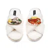Laines London Women's Neutrals / White Laines Neutral Boucle Slippers With Oysters & Lobster Platter Brooches - Cr