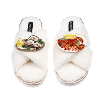 Laines London Women's Neutrals / White Laines Neutral Boucle Slippers With Oysters & Lobster Platter Brooches - Cr