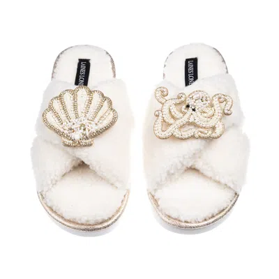 Laines London Women's Neutrals / White Laines Neutral Boucle Slippers With Pearl Shell & Octopus Brooches - Cream