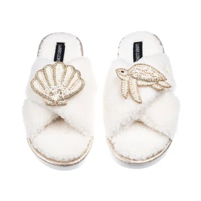 Laines London Women's Neutrals / White Laines Neutral Boucle Slippers With Pearl Shell & Turtle Brooches - Cream