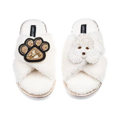 Laines London Women's Neutrals / White Laines Neutral Boucle Slippers With Pearl The Poodle & Paw Brooches - Cream