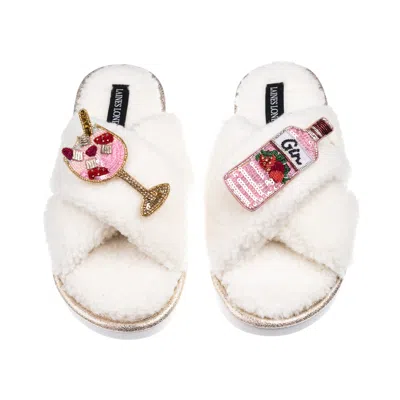 Laines London Women's Neutrals / White Laines Neutral Boucle Slippers With Pink Gin & Glass Brooches - Cream