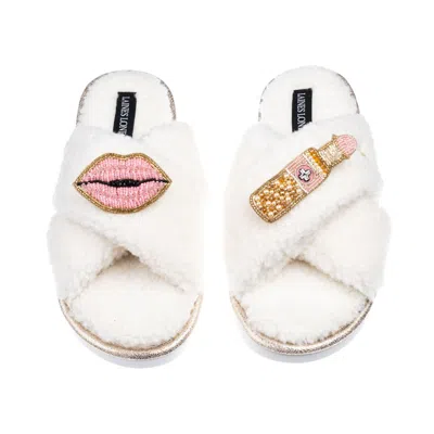 Laines London Women's Neutrals / White Laines Neutral Boucle Slippers With Pink Lips & Lipstick Brooches - Cream