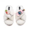 Laines London Women's Neutrals / White Laines Neutral Boucle Slippers With Pink Rosa & Grapefruit Gin Brooches - C In White