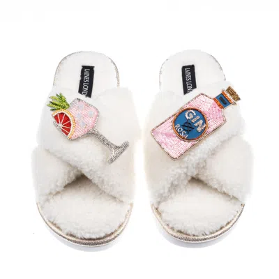 Laines London Women's Neutrals / White Laines Neutral Boucle Slippers With Pink Rosa & Grapefruit Gin Brooches - C