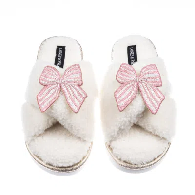 Laines London Women's Neutrals / White Laines Neutral Boucle Slippers With Pink Stripe Bow Brooches - Cream
