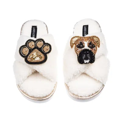Laines London Women's Neutrals / White Laines Neutral Boucle Slippers With Pip The Boxer & Paw Brooches - Cream