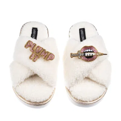 Laines London Women's Neutrals / White Laines Neutral Boucle Slippers With Plump It Pout Brooches - Cream