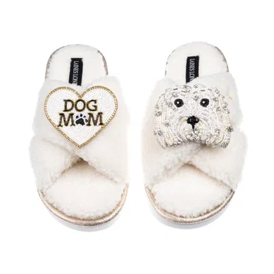 Laines London Women's Neutrals / White Laines Neutral Boucle Slippers With Queenie & Dog Mum / Mom Brooches - Crea