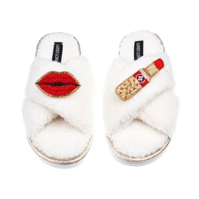 Laines London Women's Neutrals / White Laines Neutral Boucle Slippers With Red Lips & Lipstick Brooches - Cream