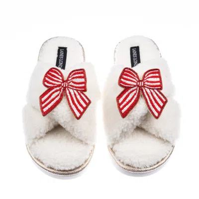 Laines London Women's Neutrals / White Laines Neutral Boucle Slippers With Red Stripe Bow Brooches - Cream