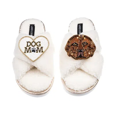 Laines London Women's Neutrals / White Laines Neutral Boucle Slippers With Rocco The Labrador & Dog Mum/mom Brooch