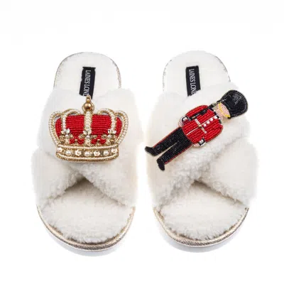 Laines London Women's Neutrals / White Laines Neutral Boucle Slippers With Royal Crown & Grenadier Guard Brooches 