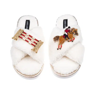 Laines London Women's Neutrals / White Laines Neutral Boucle Slippers With Show Jumper Brooches - Cream