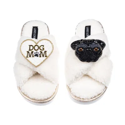 Laines London Women's Neutrals / White Laines Neutral Boucle Slippers With Snoopy Pug & Dog Mum / Mom Brooches - C