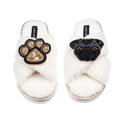 Laines London Women's Neutrals / White Laines Neutral Boucle Slippers With Snoopy Pug & Paw Brooches - Cream