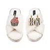 Laines London Women's Neutrals / White Laines Neutral Boucle Slippers With Stripe 50th Birthday & Cake Brooches - 