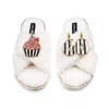 Laines London Women's Neutrals / White Laines Neutral Boucle Slippers With Stripe 60th Birthday & Cake Brooches - 