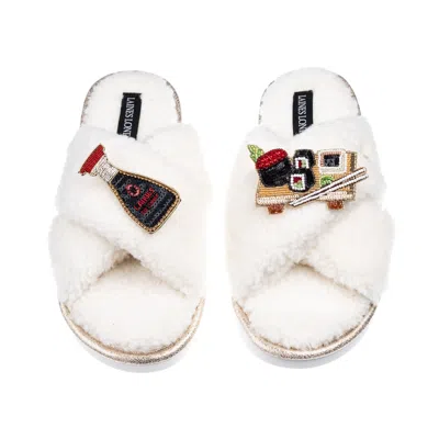 Laines London Women's Neutrals / White Laines Neutral Boucle Slippers With Sushi & Soy Sauce Brooches - Cream