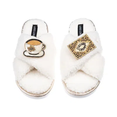 Laines London Women's Neutrals / White Laines Neutral Boucle Slippers With Tea & Biscuit Brooches - Cream