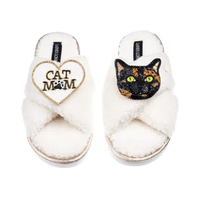Laines London Women's Neutrals / White Laines Neutral Boucle Slippers With Tortoise Shell Cat & Cat Mum/mom Brooch