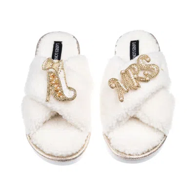 Laines London Women's Neutrals / White Laines Neutral Boucle Slippers With Wedding Heel & Mrs Brooches - Cream