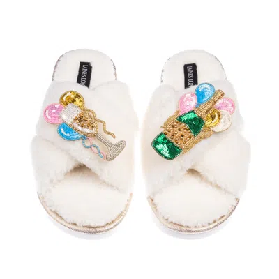 Laines London Women's Neutrals / White Neutral Boucle Slippers With Birthday Bubbles Brooches - Cream
