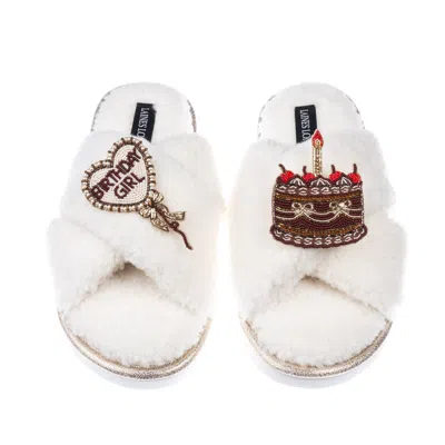 Laines London Women's Neutrals / White Neutral Boucle Slippers With Birthday Girl Balloon & Chocolate Cake Brooche In Multi
