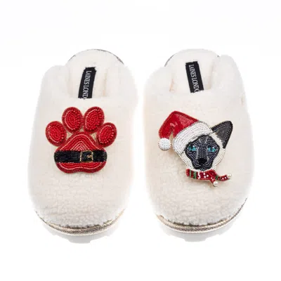 Laines London Women's Neutrals / White Teddy Closed Toe Slipper With Christmas Black & White Siamese Cat & Paw Bro