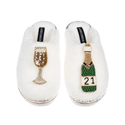 Laines London Women's Neutrals / White Teddy Closed Toe Slippers With 21st Champers Bottle & Glass Brooches - Crea