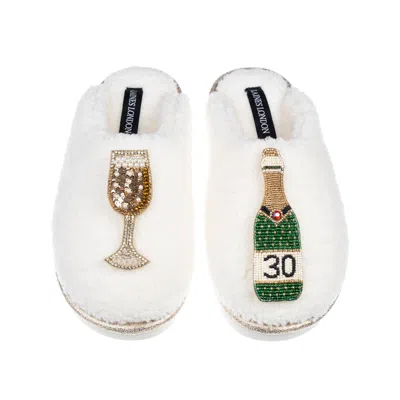 Laines London Women's Neutrals / White Teddy Closed Toe Slippers With 30th Champers Bottle & Glass Brooches - Crea