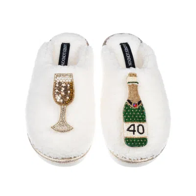 Laines London Women's Neutrals / White Teddy Closed Toe Slippers With 40th Champers Bottle & Glass Brooches - Crea