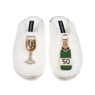 Laines London Women's Neutrals / White Teddy Closed Toe Slippers With 50th Champers Bottle & Glass Brooches - Crea