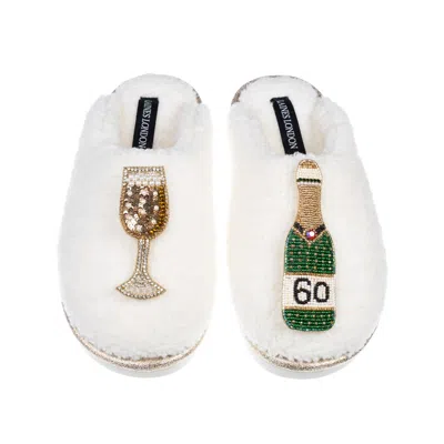 Laines London Women's Neutrals / White Teddy Closed Toe Slippers With 60th Champers Bottle & Glass Brooches - Crea
