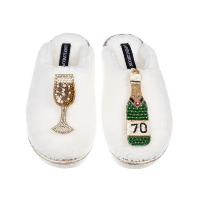 Laines London Women's Neutrals / White Teddy Closed Toe Slippers With 70th Champers Bottle & Glass Brooches - Crea