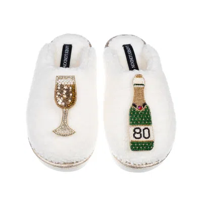 Laines London Women's Neutrals / White Teddy Closed Toe Slippers With 80th Champers Bottle & Glass Brooches - Crea