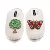 Laines London Women's Neutrals / White Teddy Closed Toe Slippers With Butterfly & Oak Tree Brooches - Cream In White