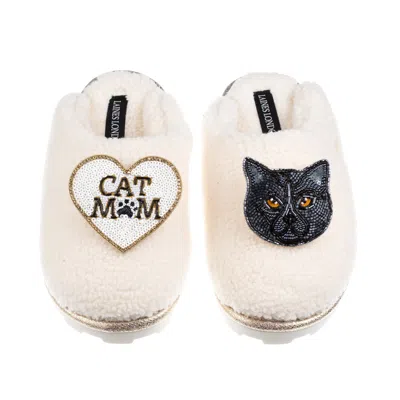 Laines London Women's Neutrals / White Teddy Closed Toe Slippers With Cat Mum/mom & Black British Shorthair Brooch