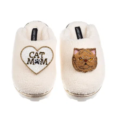 Laines London Women's Neutrals / White Teddy Closed Toe Slippers With Cat Mum/mom & Ginger Persian Cat Brooches - 