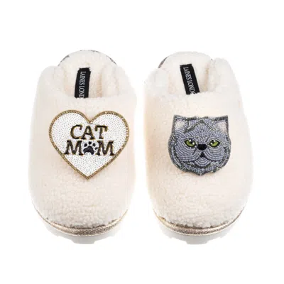 Laines London Women's Neutrals / White Teddy Closed Toe Slippers With Cat Mum/mom & Grey Persian Cat Brooches - Cr