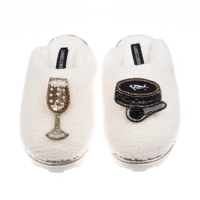 Laines London Women's Neutrals / White Teddy Closed Toe Slippers With Caviar & Glass Of Fizz Brooches - Cream