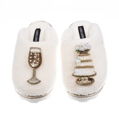 Laines London Women's Neutrals / White Teddy Closed Toe Slippers With Champers & Wedding Cake Brooches - Cream