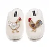Laines London Women's Neutrals / White Teddy Closed Toe Slippers With Chicken & Cockrel Brooches - Cream In White