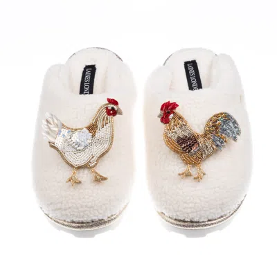 Laines London Women's Neutrals / White Teddy Closed Toe Slippers With Chicken & Cockrel Brooches - Cream