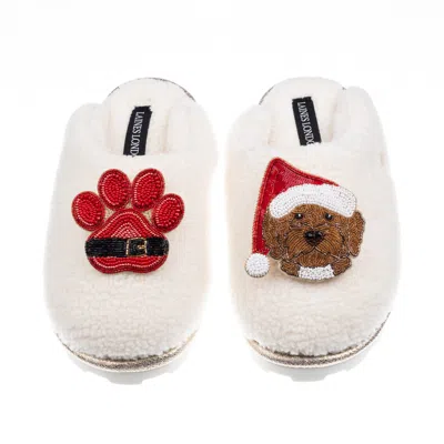 Laines London Women's Neutrals / White Teddy Closed Toe Slippers With Christmas Brown Cockapoo & Paw Brooches - Cr