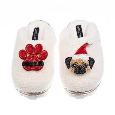 Laines London Women's Neutrals / White Teddy Closed Toe Slippers With Christmas Fawn Pug & Paw Brooches - Cream