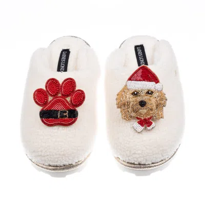 Laines London Women's Neutrals / White Teddy Closed Toe Slippers With Christmas Golden Cavapoo & Paw Brooches - Cr In Multi