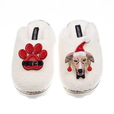 Laines London Women's Neutrals / White Teddy Closed Toe Slippers With Christmas Greyhound & Paw Brooches - Cream In Multi