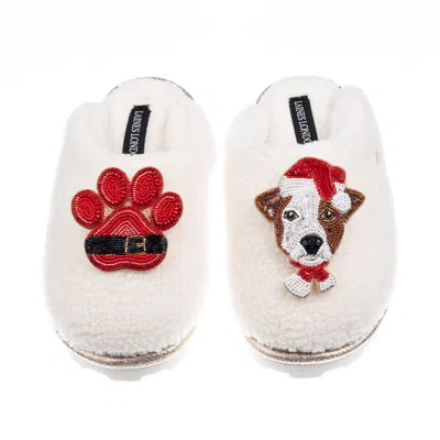 Laines London Women's Neutrals / White Teddy Closed Toe Slippers With Christmas Jack Russell & Paw Brooches - Crea